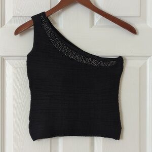Annie B. 90's Vintage Embellished Ribbed Knit One Shoulder Cropped Tank Top L